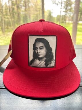 Moses Creations Unisex Red Yogananda Portrait Patch Trucker Hat, NEW